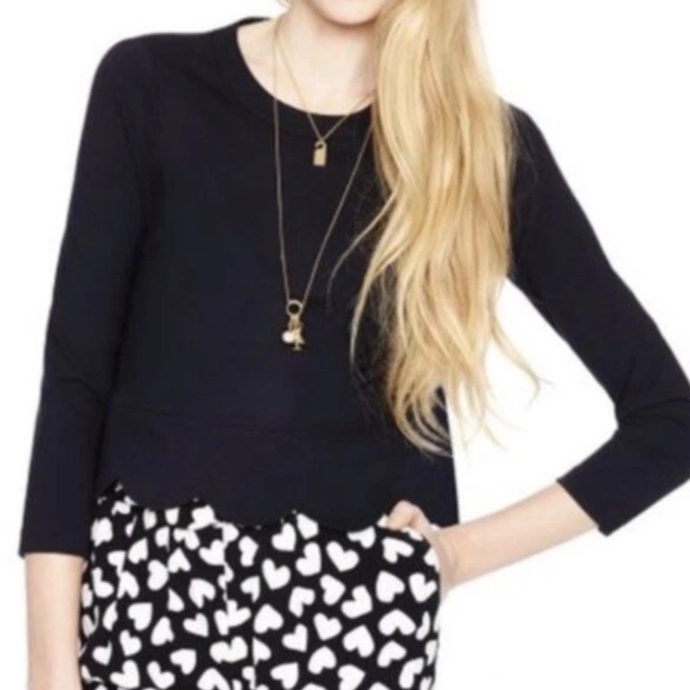 Kate Spade Black Scallop Hem Long Sleeve Top